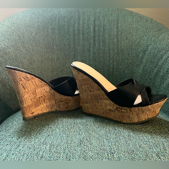Black Wedge Cork Sandals - Picture 2 of 5